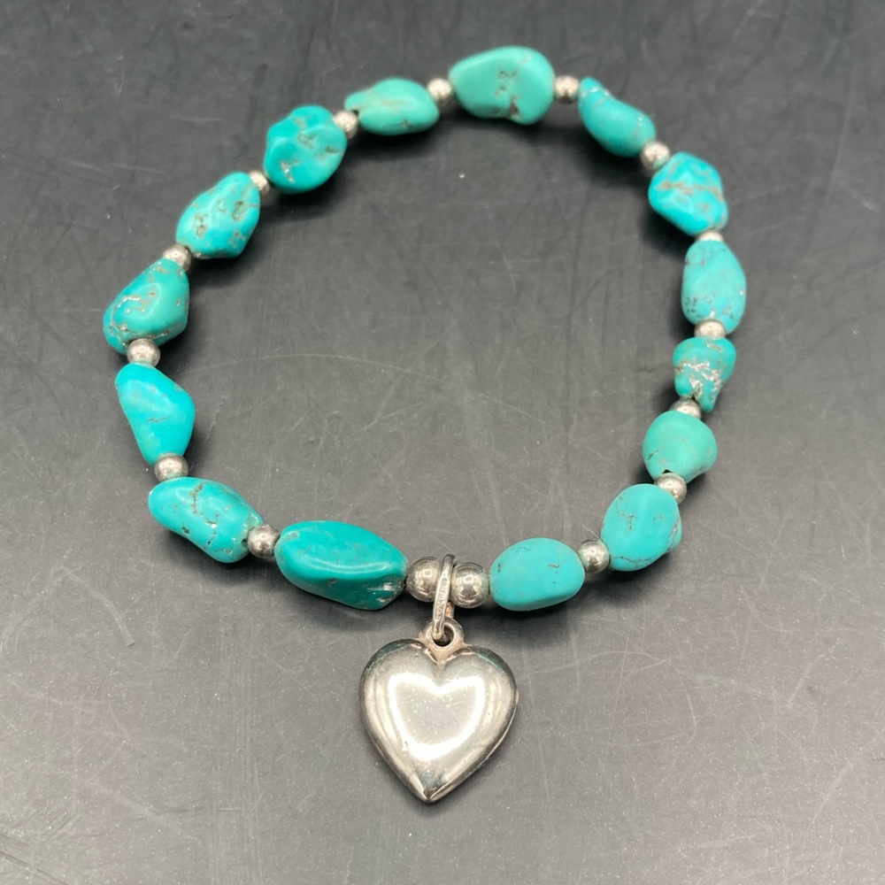 Turquoise Beaded Stretch Bracelet with Sterling Heart Charm